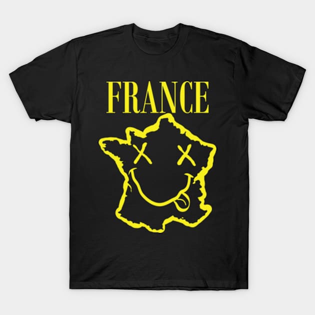 Vibrant France: Unleash Your 90s Grunge Spirit! Smiling Squiggly Mouth Dazed Smiley Face T-Shirt by pelagio